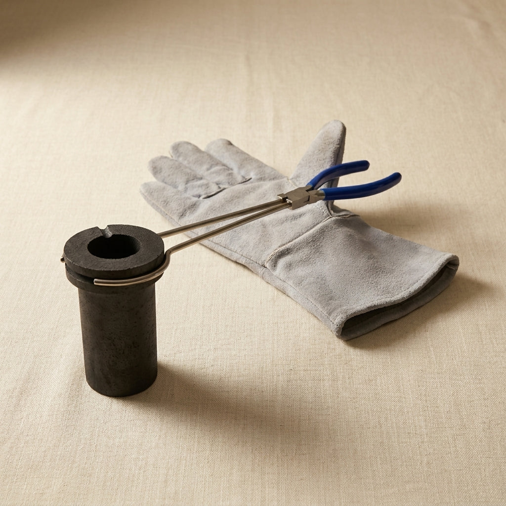 Jewellery metal casting kit with crucible, tongs and protective gloves for melting gold and silver