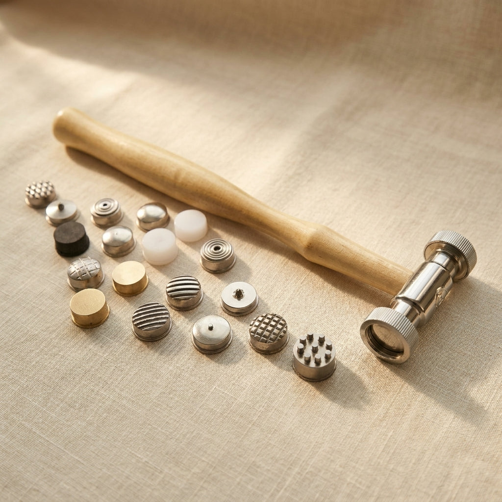 Metal texturing hammer with wooden handle and 18 patterned interchangeable faces for jewellery making.
