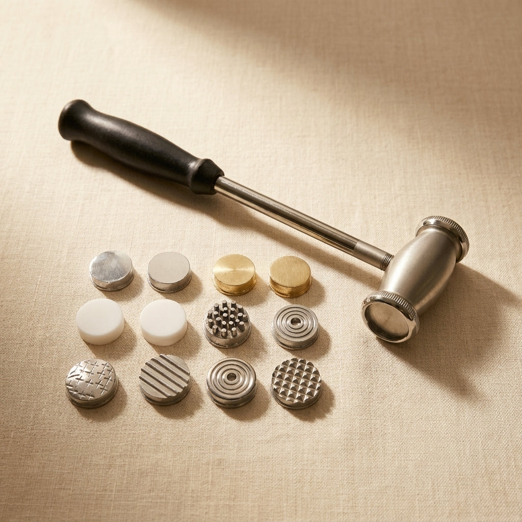 Metal texturing hammer with 12 interchangeable pattern faces for silversmiths