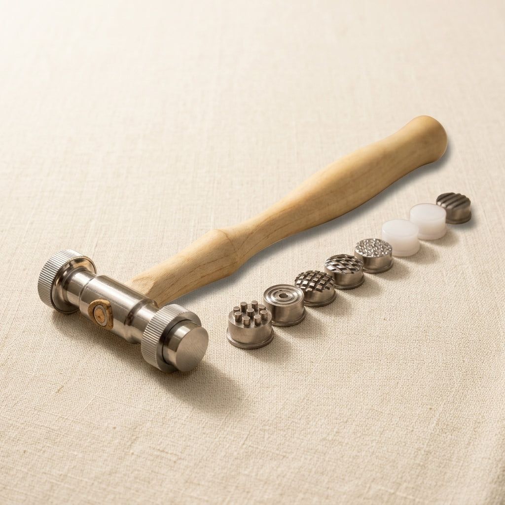 Metal texturing hammer with 12 patterned heads and wooden handle for jewellery making.