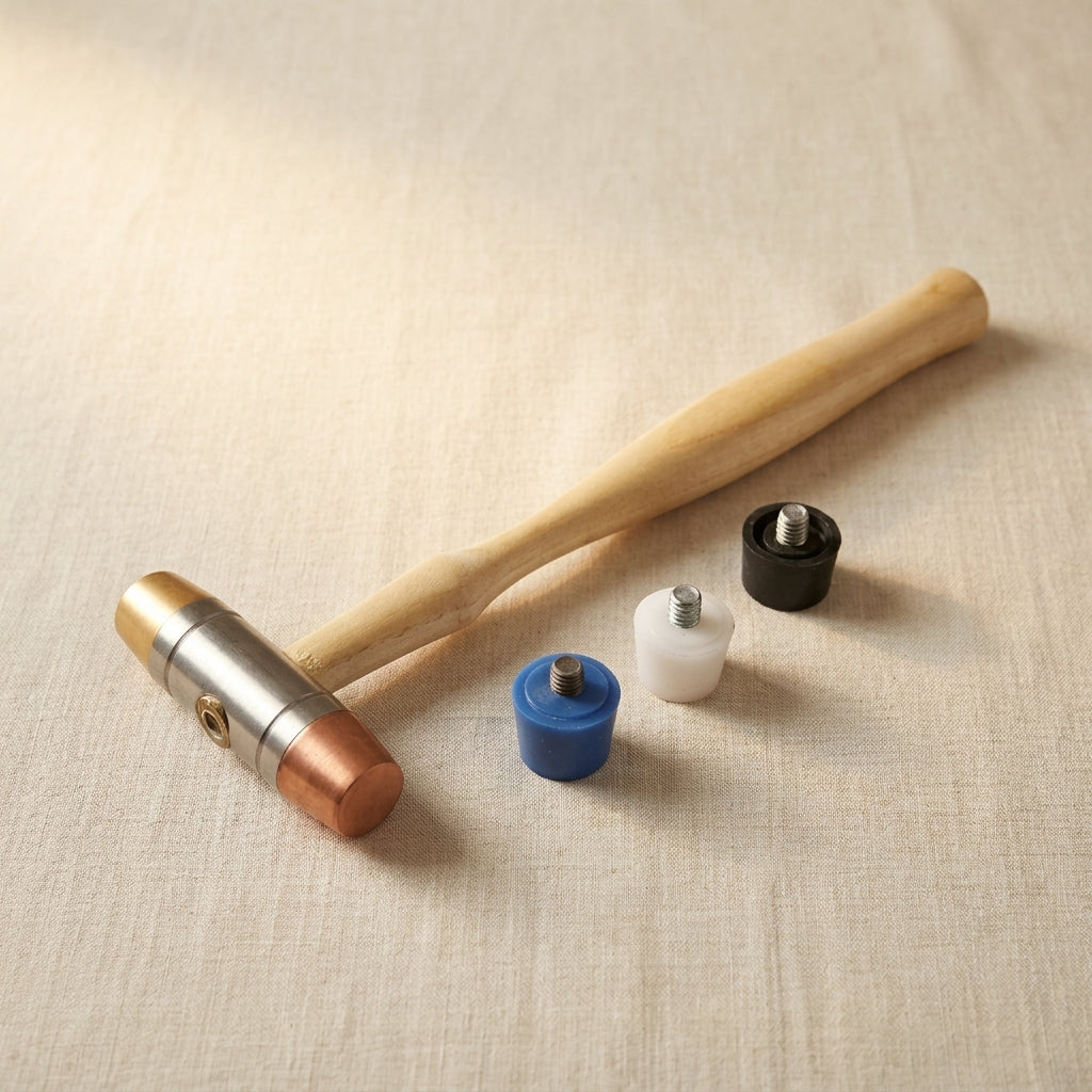 Multi-purpose jewellery hammer with five interchangeable faces and wooden handle