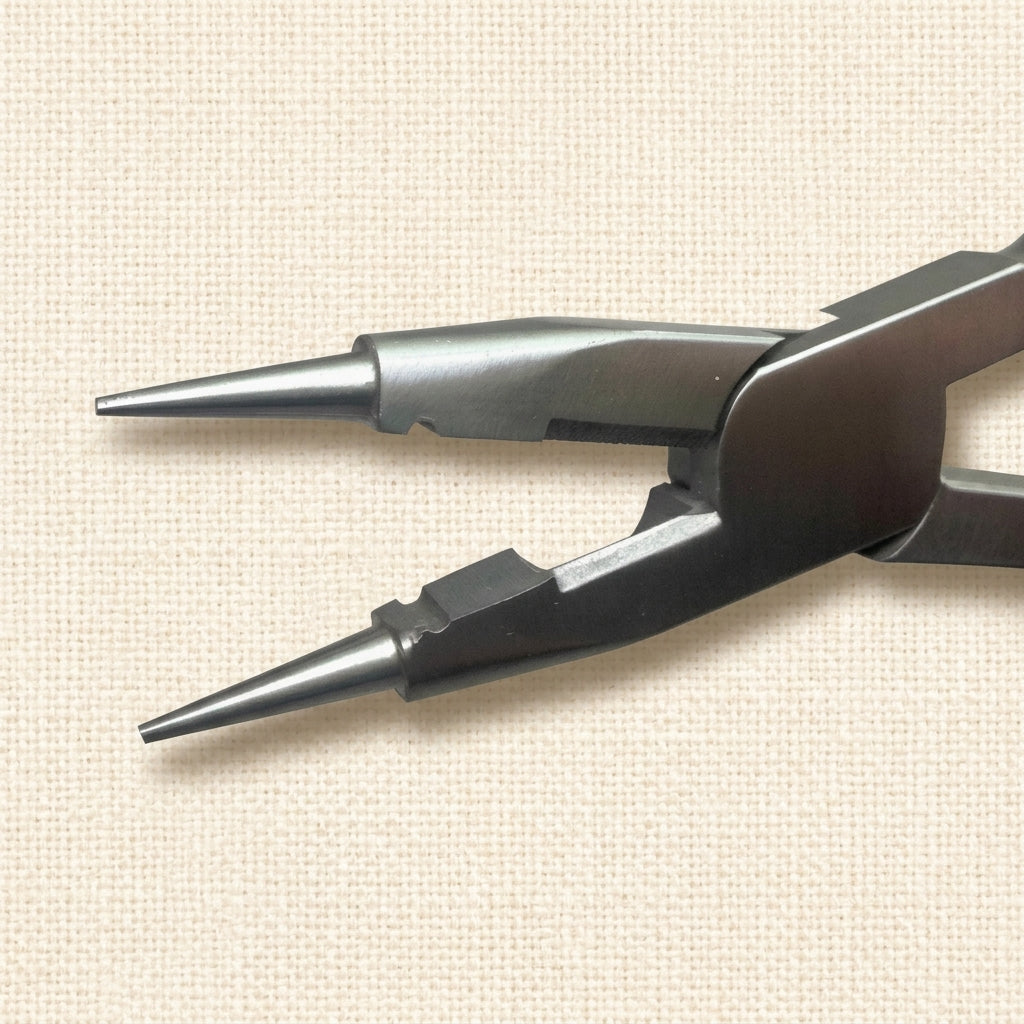 Four-in-one jewellery pliers with parallel action jaws, round and flat nose, and cutters, in stainless steel