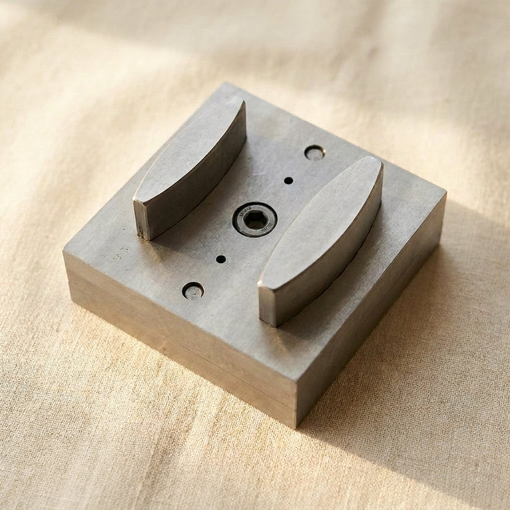 Narrow oval steel disc cutter with two punch sizes for jewellery making.