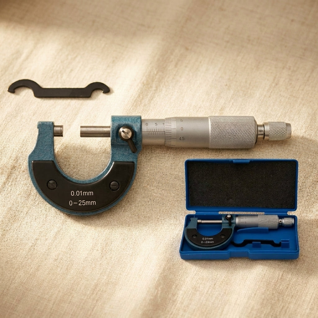Outside micrometer 0-25mm, metric measurement tool with 0.01mm graduations, metal construction.