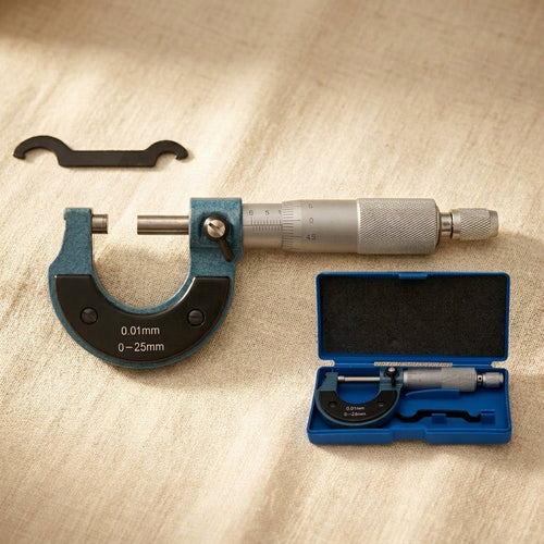Outside micrometer 0-25mm, metric measurement tool with 0.01mm graduations, metal construction.
