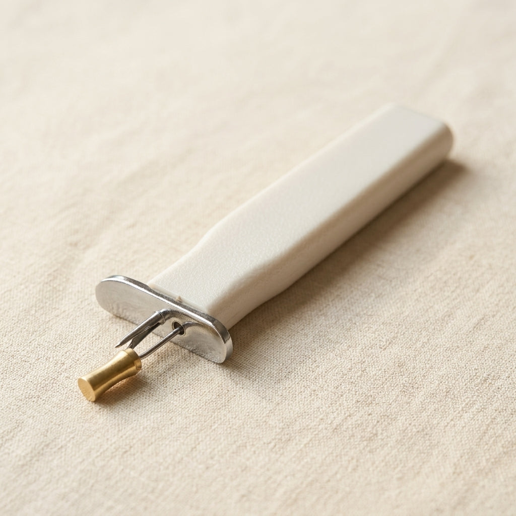 Peach beading knotting tool for consistent jewellery knots, with parallel-action jaws.
