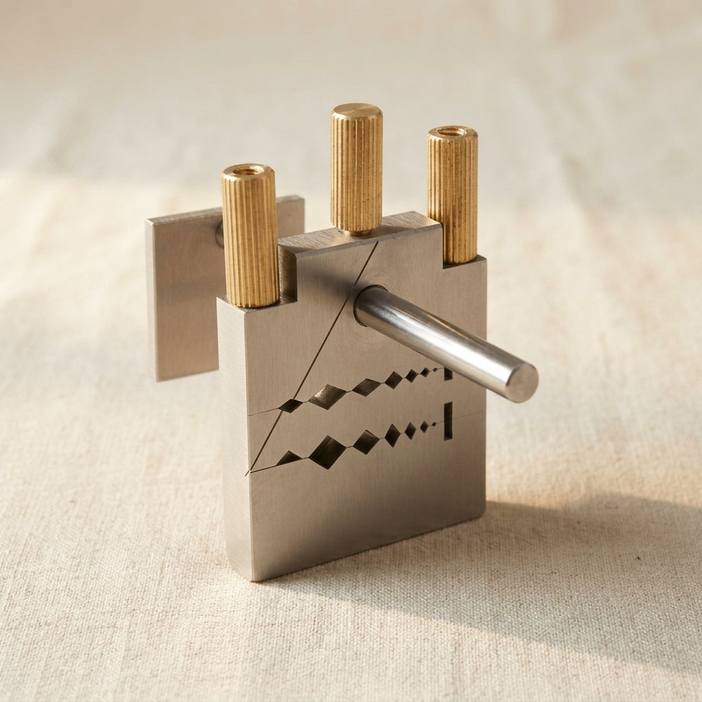 Precision metal mitre jig vise with tube cutter, filing block and brass knobs for jewellery making.