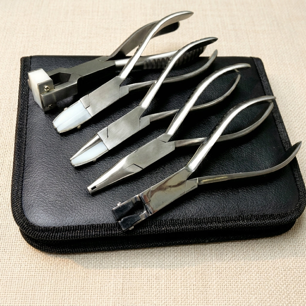 Set of five 5.5-inch stainless steel optical curving pliers for jewellery making, with case.