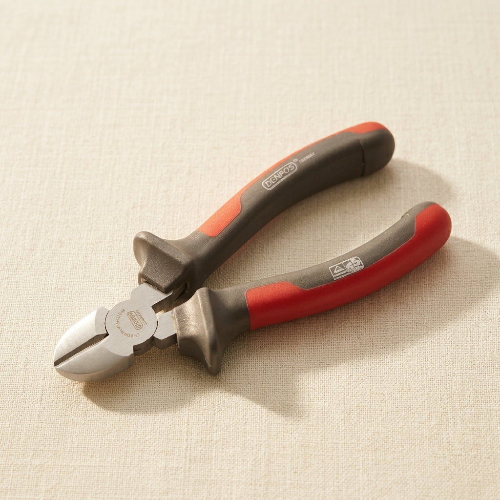 Chromium-vanadium steel diagonal cutters, 5.5 inch, red and grey handles, for electrical cable.