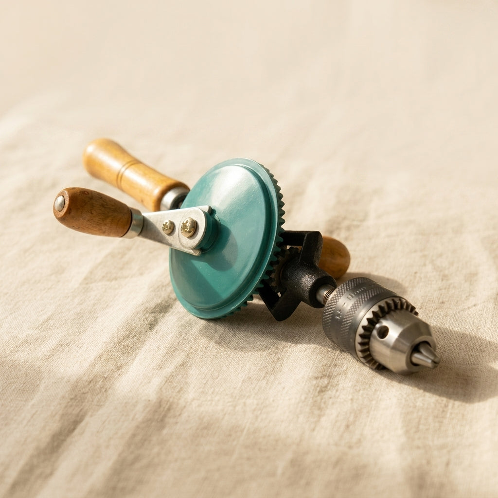 Manual jewellery drill with wooden handle, double pinion chuck and 3/8 inch capacity