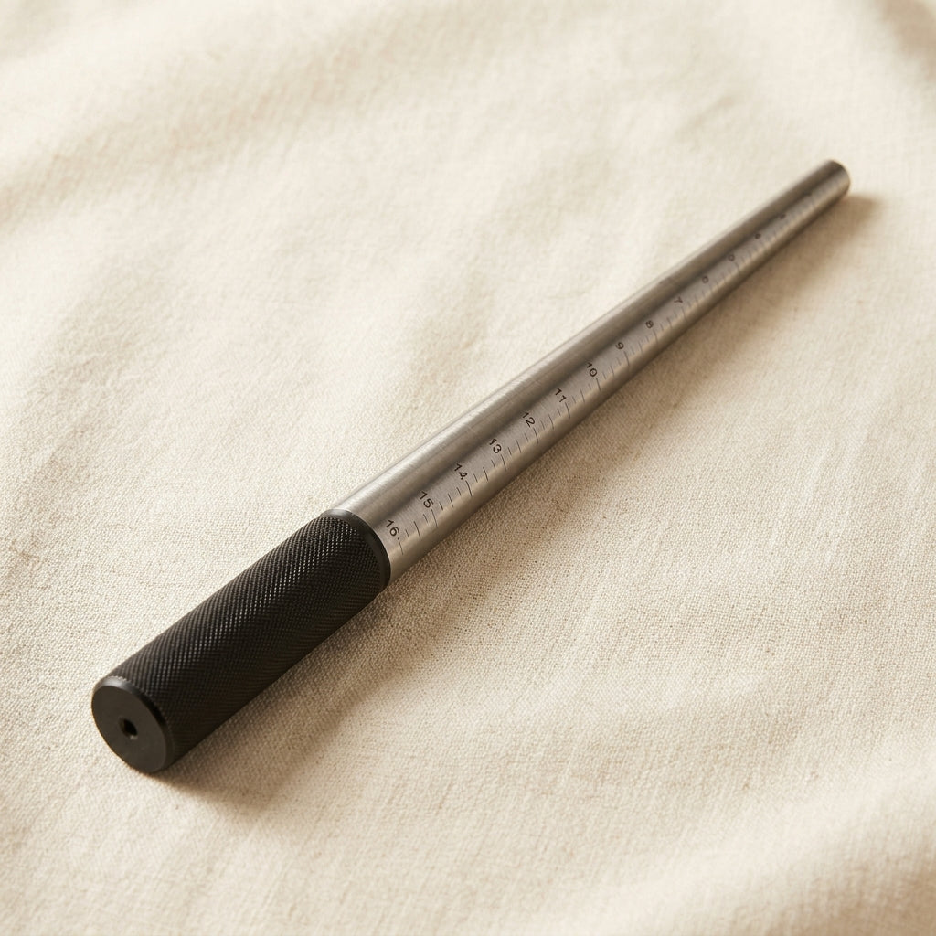 Solid steel ring sizing mandrel, 1-16 markings, 13 inch with textured grip for jewellery shaping.