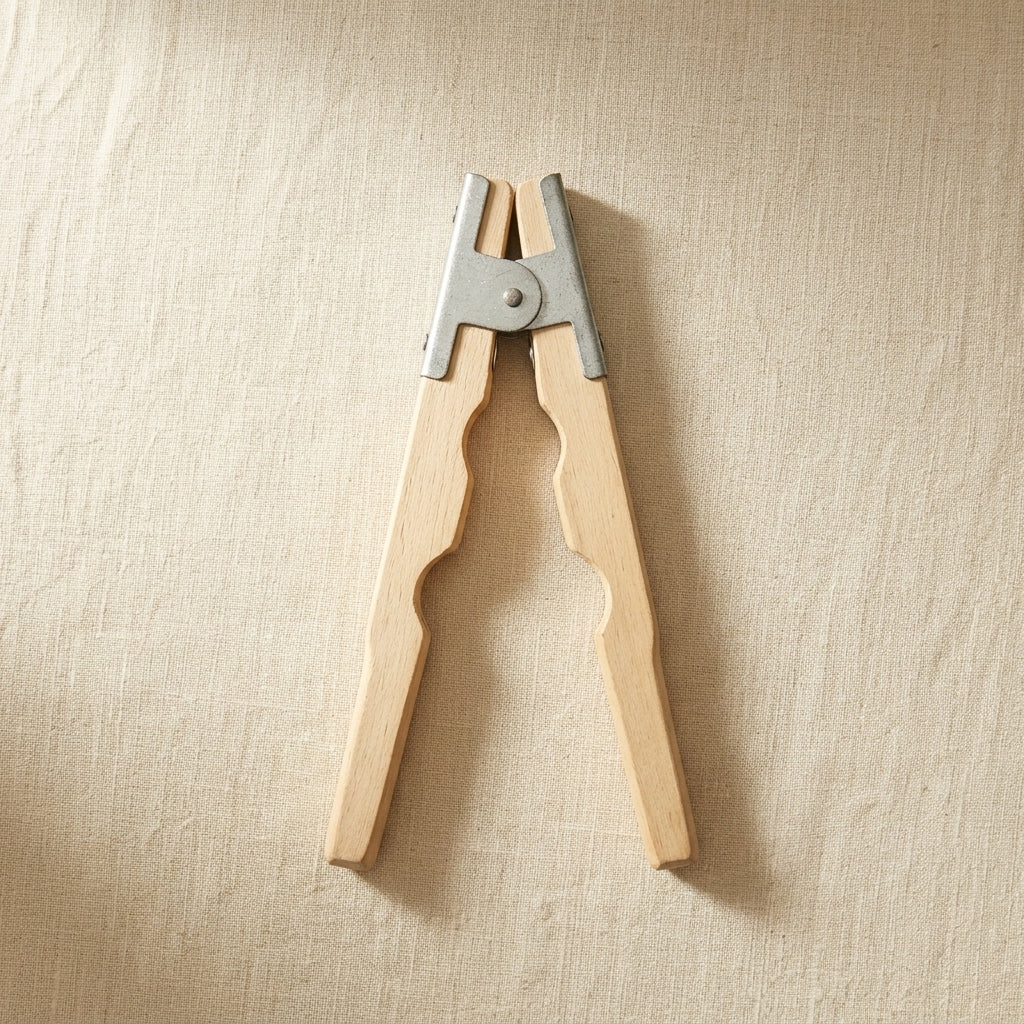 Wooden ring holding clamp for jewellery polishing, with metal spring and 7.75 inch handle