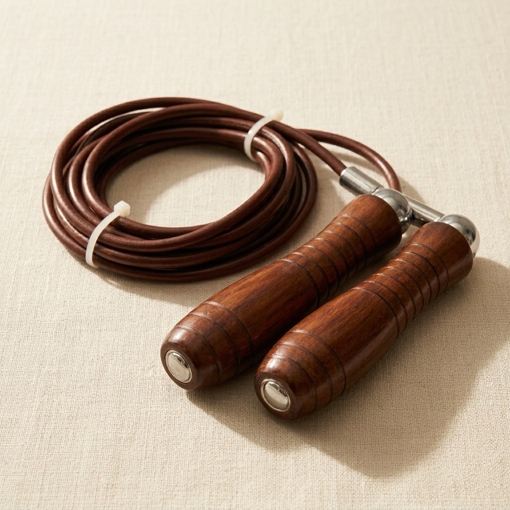 Pro leather speed skipping rope with polished wooden handles for fitness and gym workouts