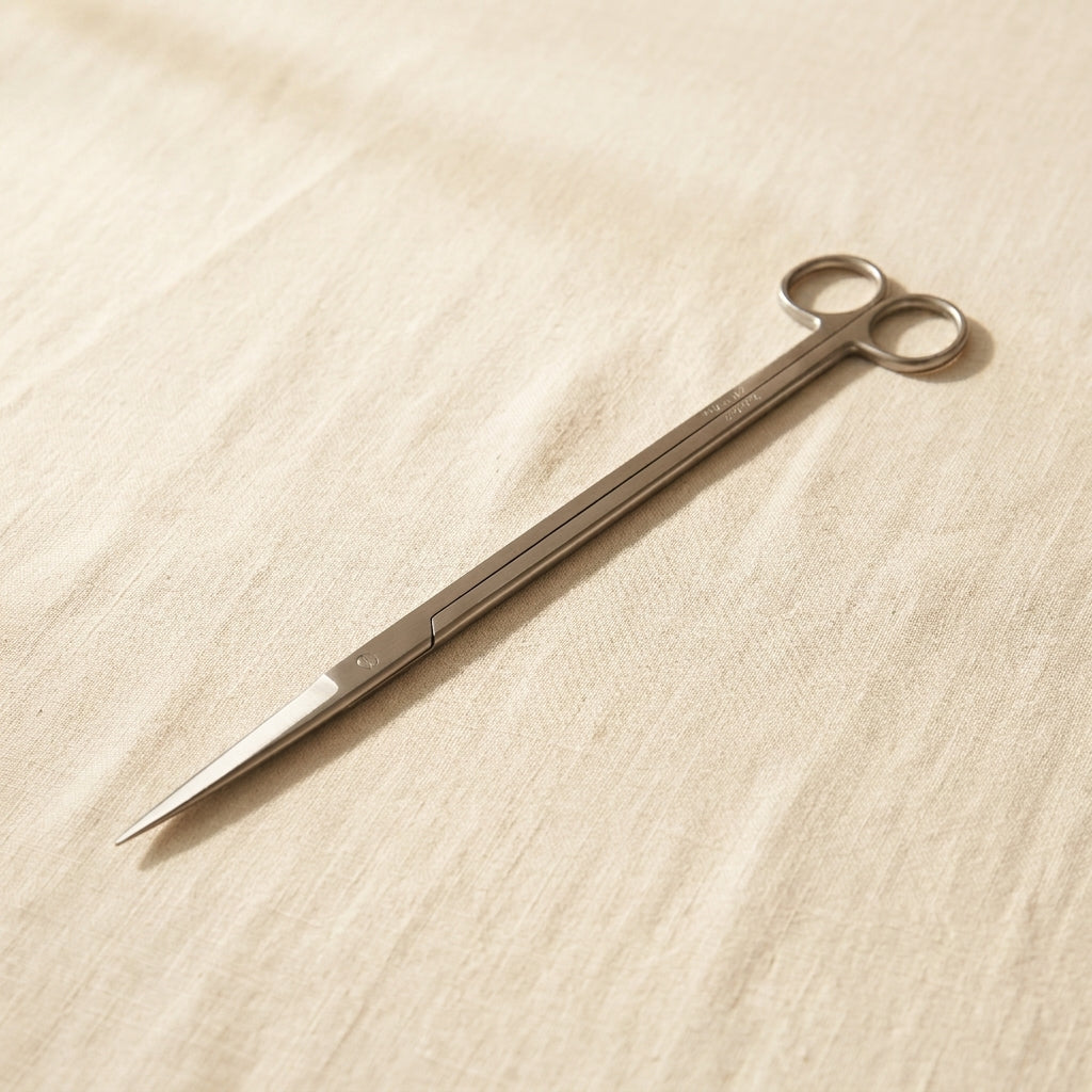 Stainless steel 10-inch straight aquarium plant trimming scissors for aquascaping.