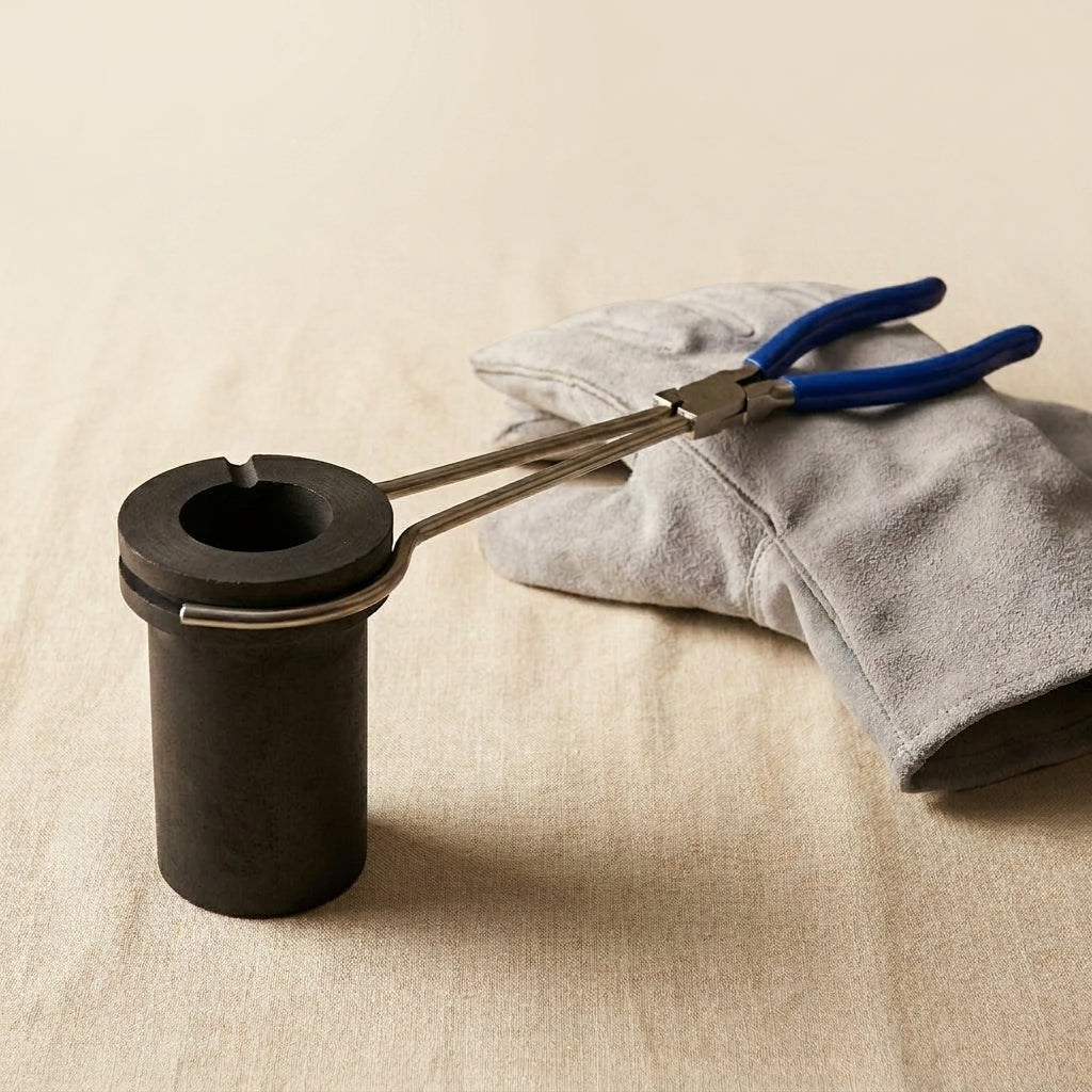 Professional jewellery casting kit: graphite crucible, metal tongs, and leather protective gloves.