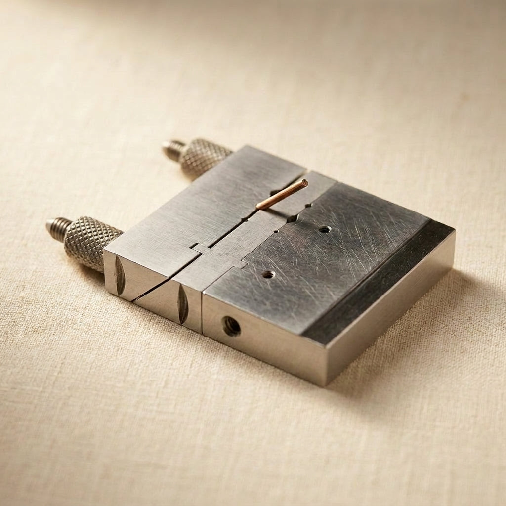 Professional steel filing block and chenier joint cutter for precise jewellery making.