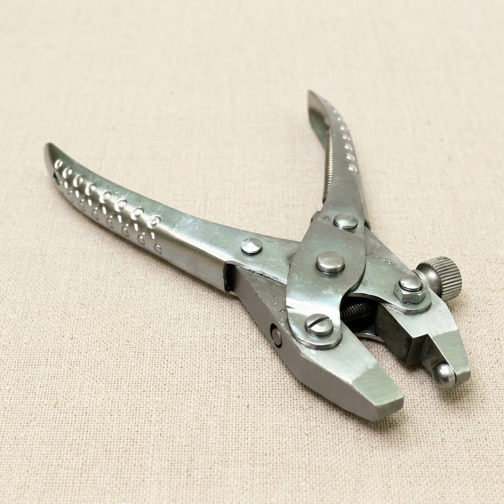 Professional parallel-action pliers for fitting saxophone posts, made from stainless steel.
