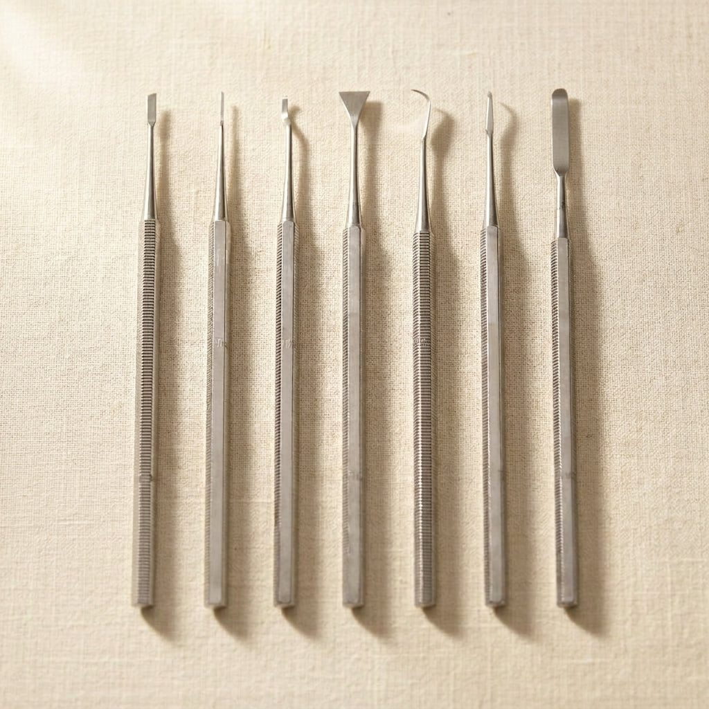 Six stainless steel wax sculpting tools for silversmithing and craft, with sharp edges.