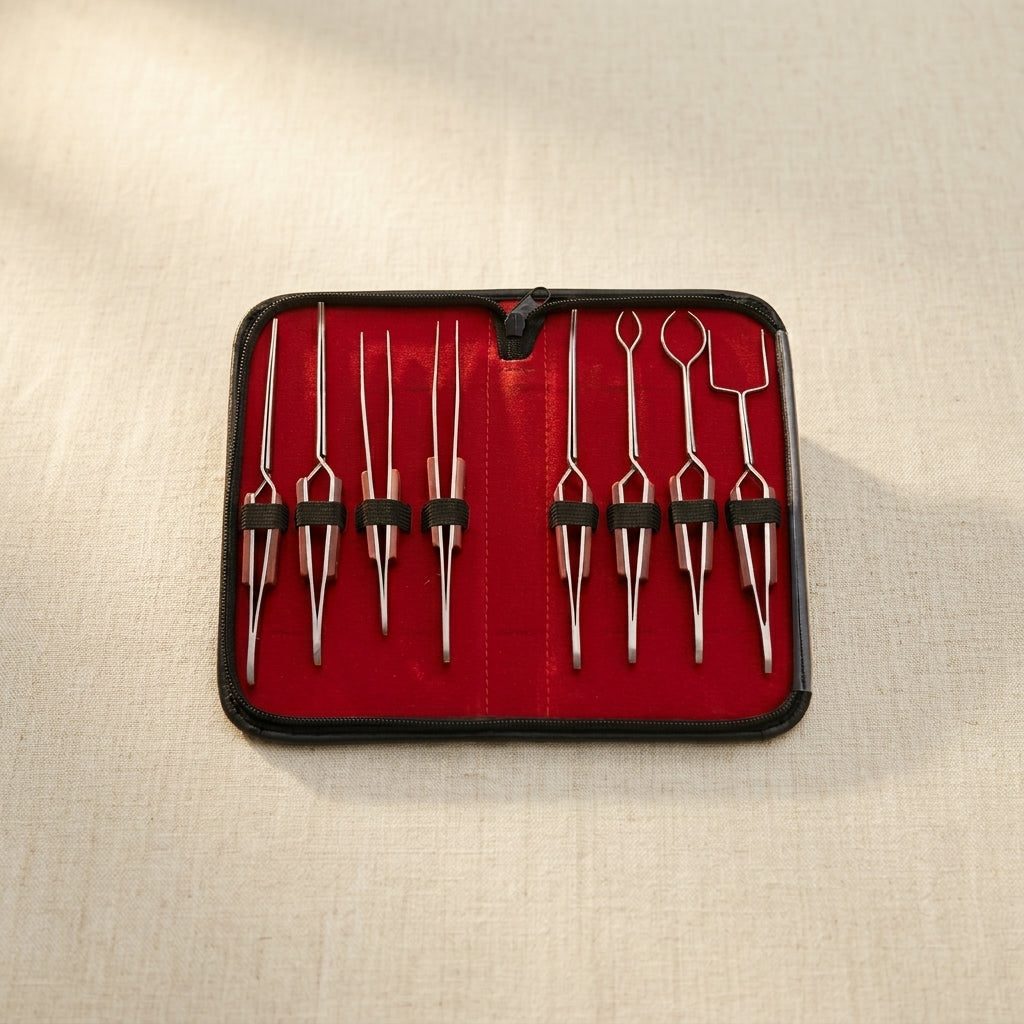Professional 8-piece cross-lock tweezers set for jewellery making, stainless steel with fibre grips and case.