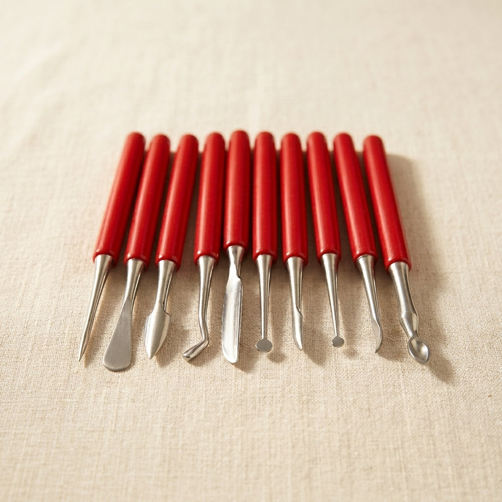 Ten metal wax sculpting instruments with PVC handles for detailed jewellery design.