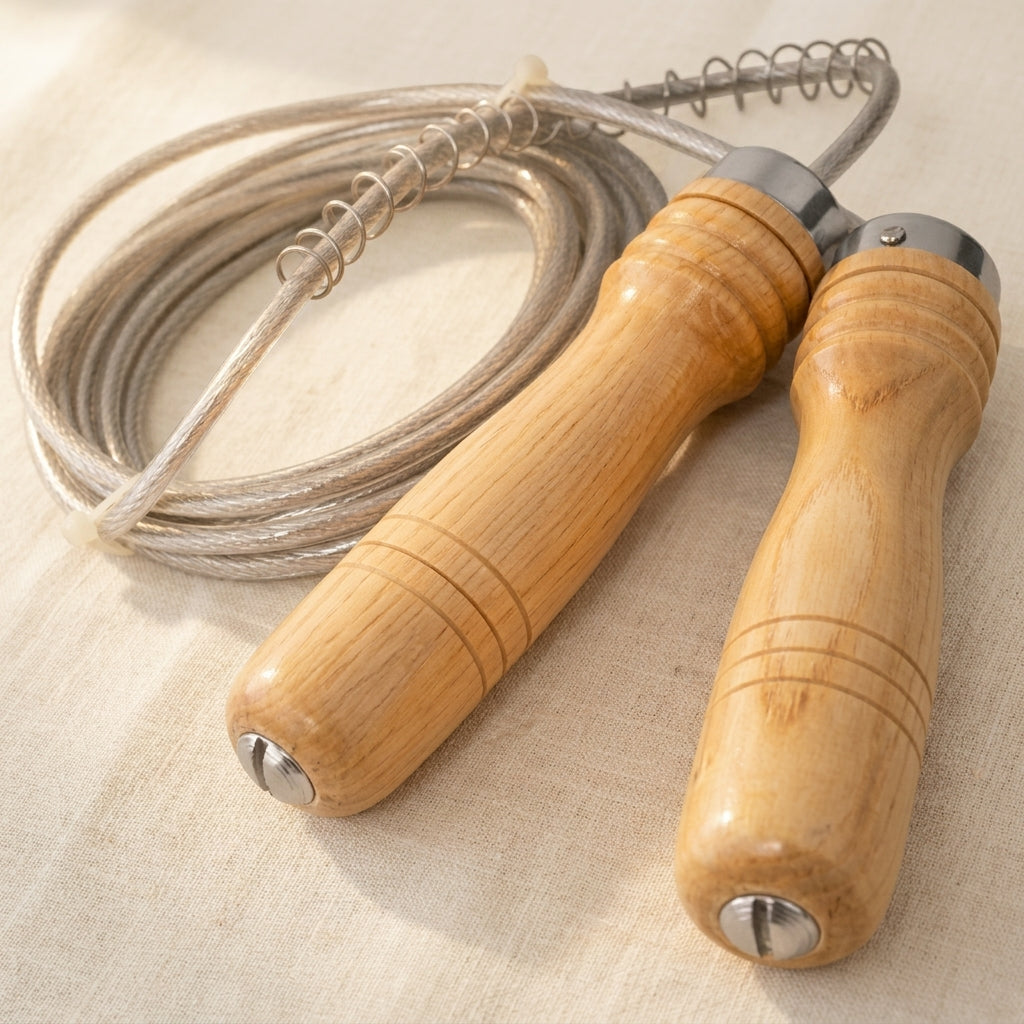 Steel speed skipping rope with wooden handles, 9ft PVC coated cable for fitness training