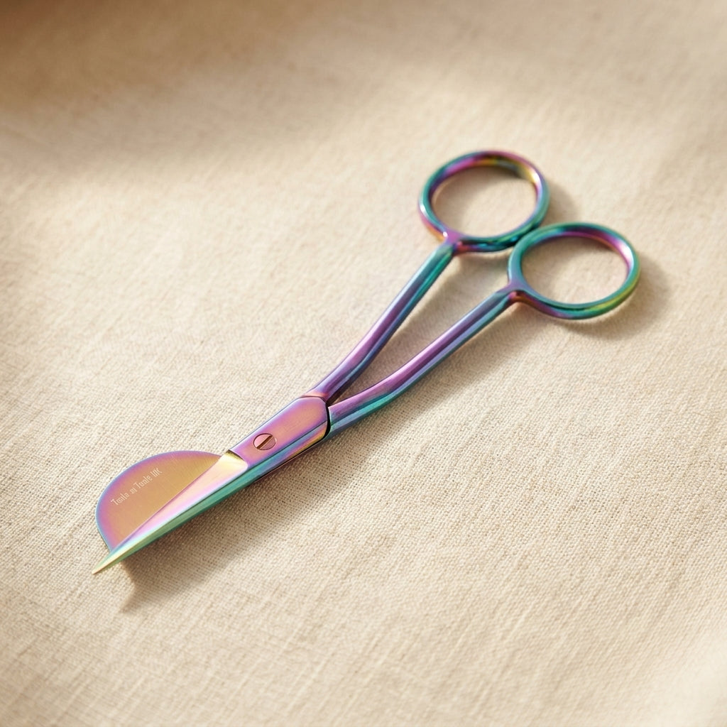Rainbow iridescent half duckbill embroidery scissors, 6 inch stainless steel with offset handles