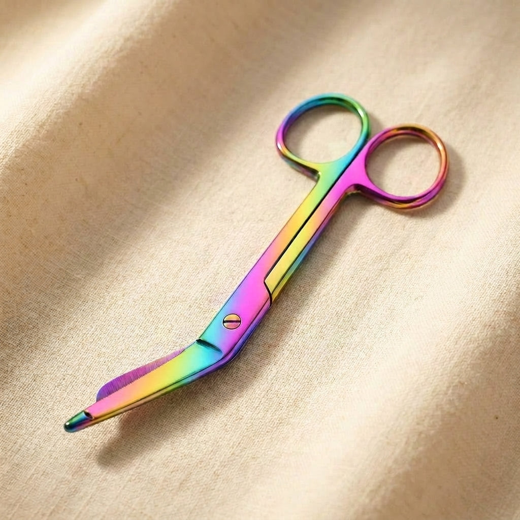 Rainbow anodised stainless steel bandage scissors, 5.5 inch, for jewellery making and first aid.
