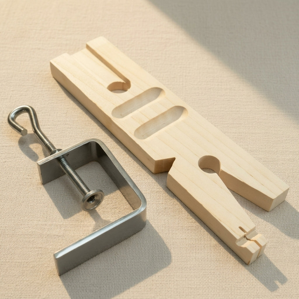 Jewellery bench pin with saw vice and clamp, featuring a V slot and parallel-action jaws for ring cutting.