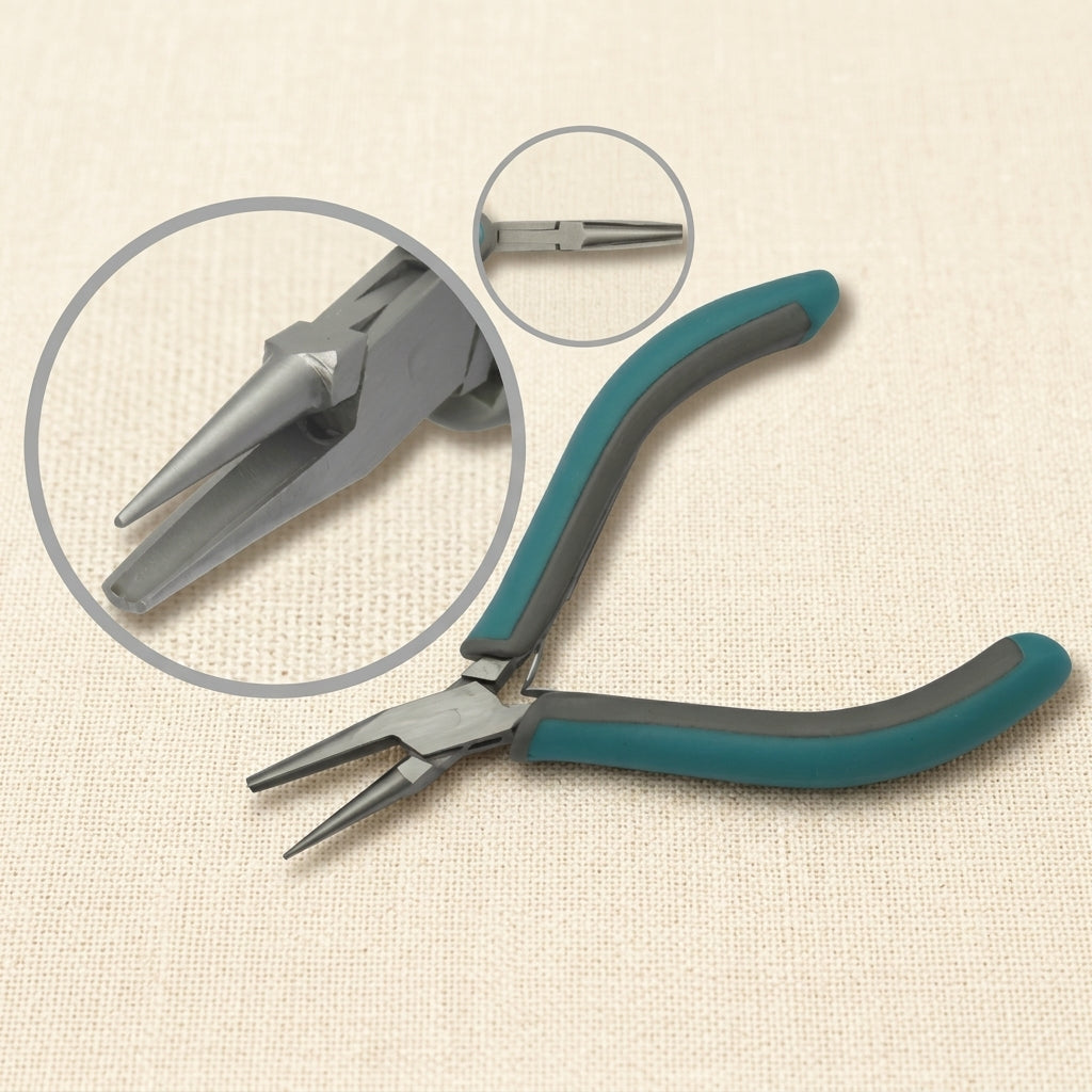 Round and concave nose pliers, 4.75 inch stainless steel with slim two-toned ergonomic grips.