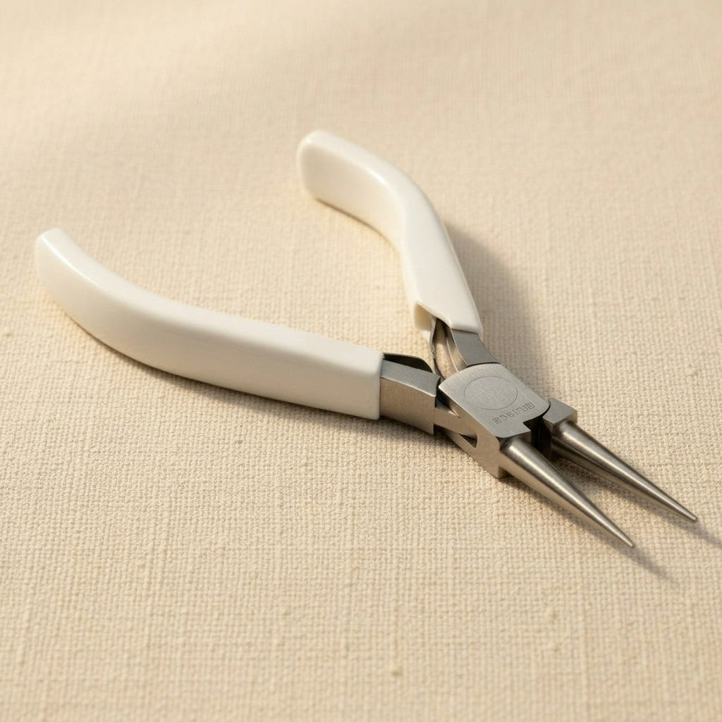 120mm round nose jewellery pliers with white handles, ideal for wire shaping.