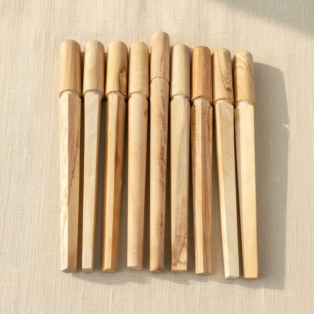 Set of 9 hardwood ring shaping mandrels for jewellery making, various profiles including round and square.