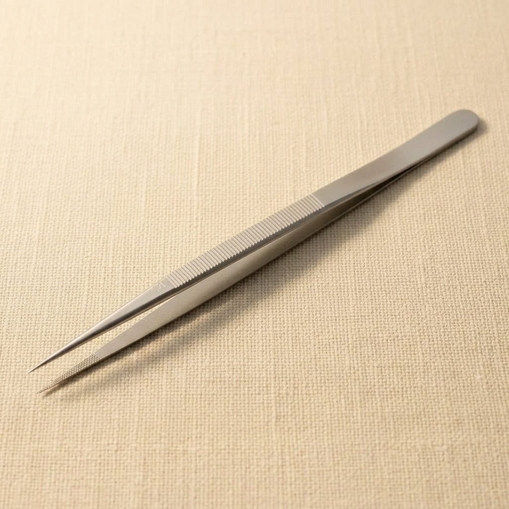 6.5 inch stainless steel fine point tweezers with serrated jaws for precise jewellery component handling