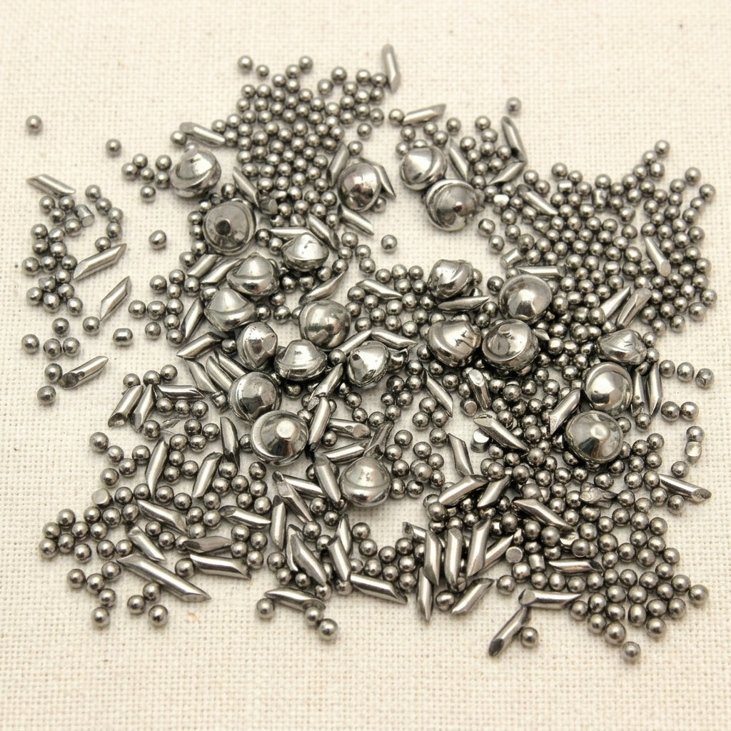 Mixed shape stainless steel jewellery polishing media, 1kg bag, containing spheres, cones, and pins.