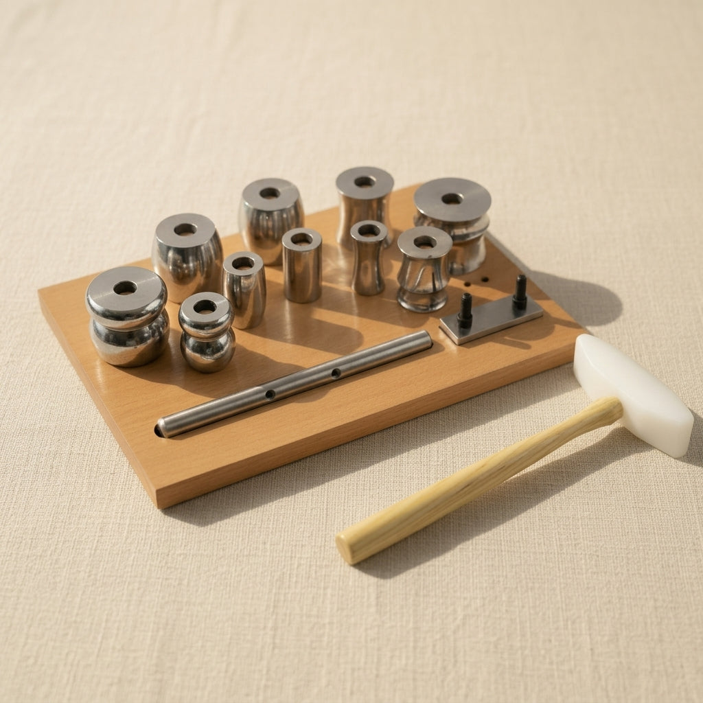 Steel bracelet shaping die set with domed and flat dies and nylon hammer