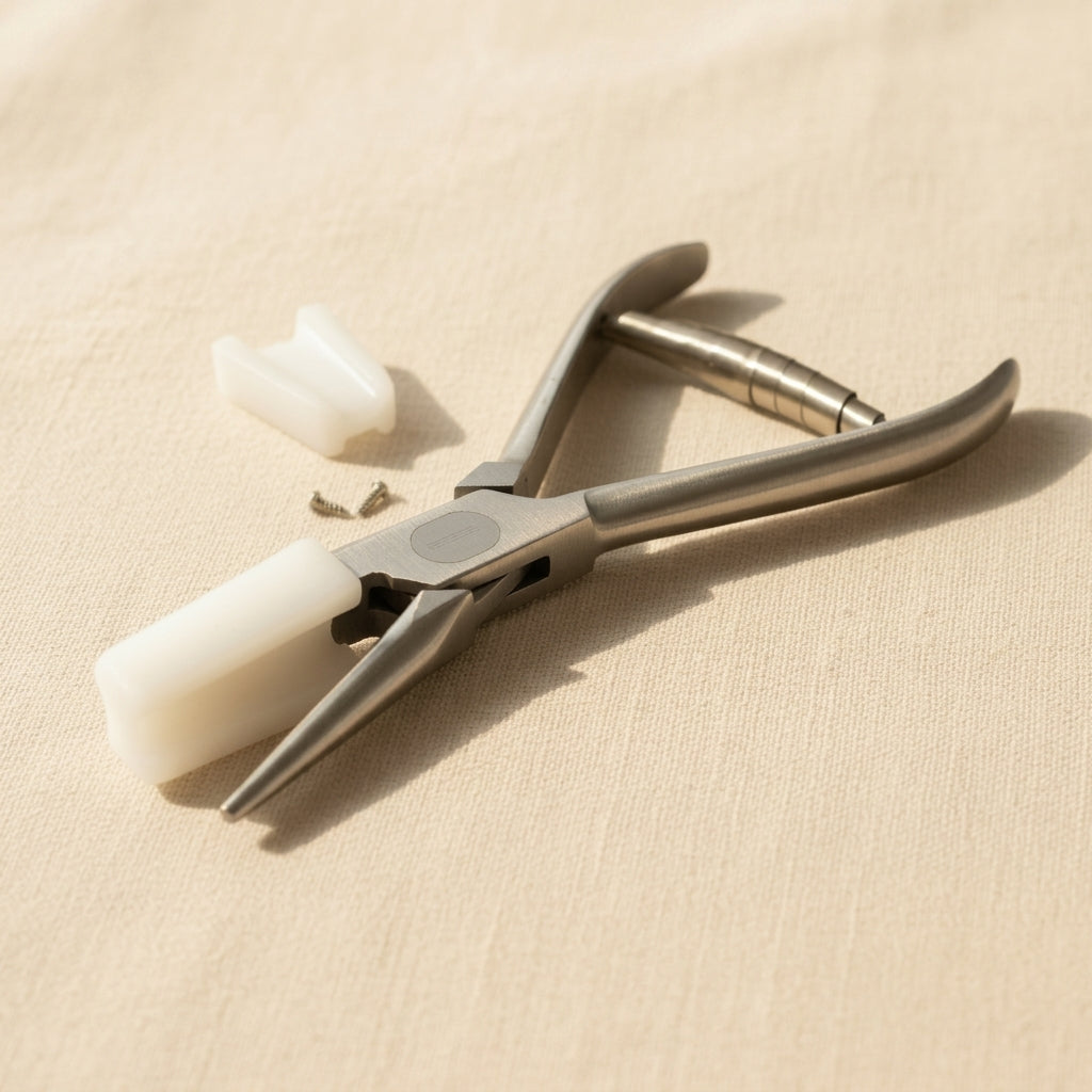 Wide nylon jaw forming pliers, round and concave, silver metal for jewellery making.