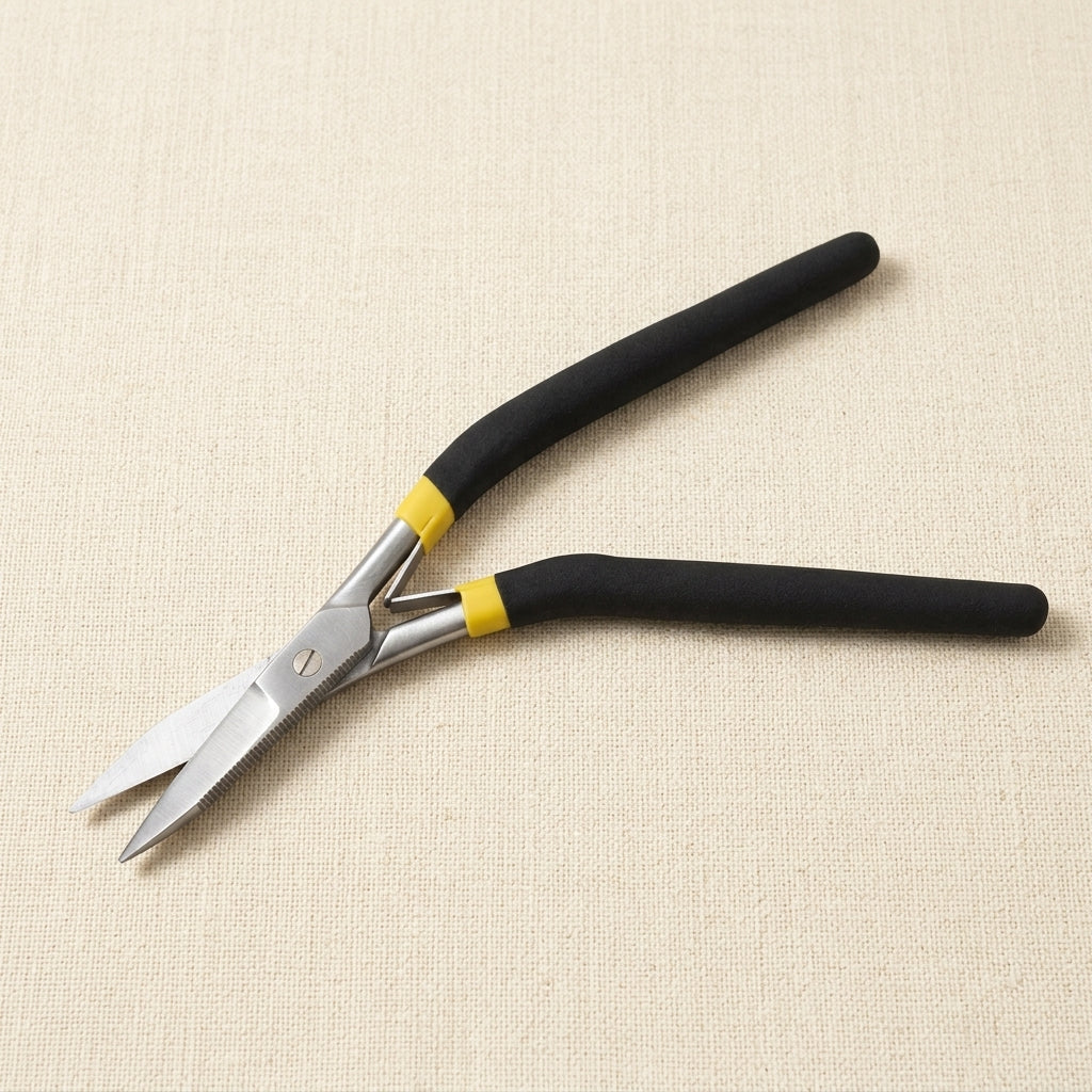 Curved handle jewellery scissors with slim serrated jaws and mat foam grips, 7 inch stainless steel