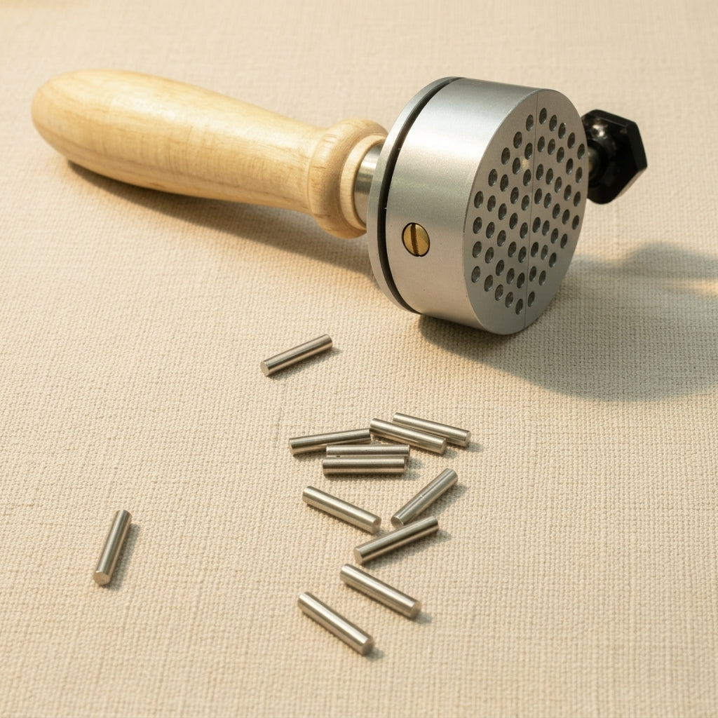 Hand-held jewellers vise with 8 pins for secure workholding during engraving and silversmithing
