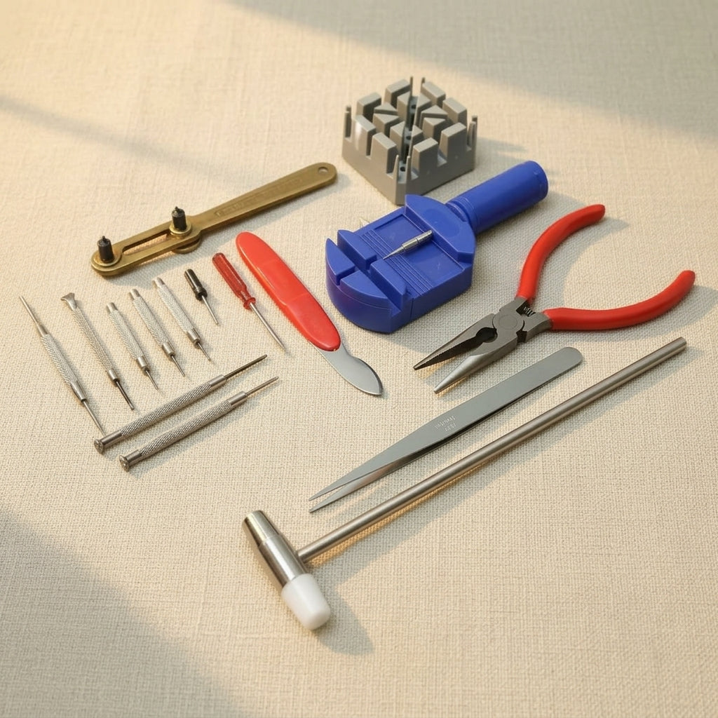 16-piece watch repair set including pin remover and strap adjuster, steel and plastic construction
