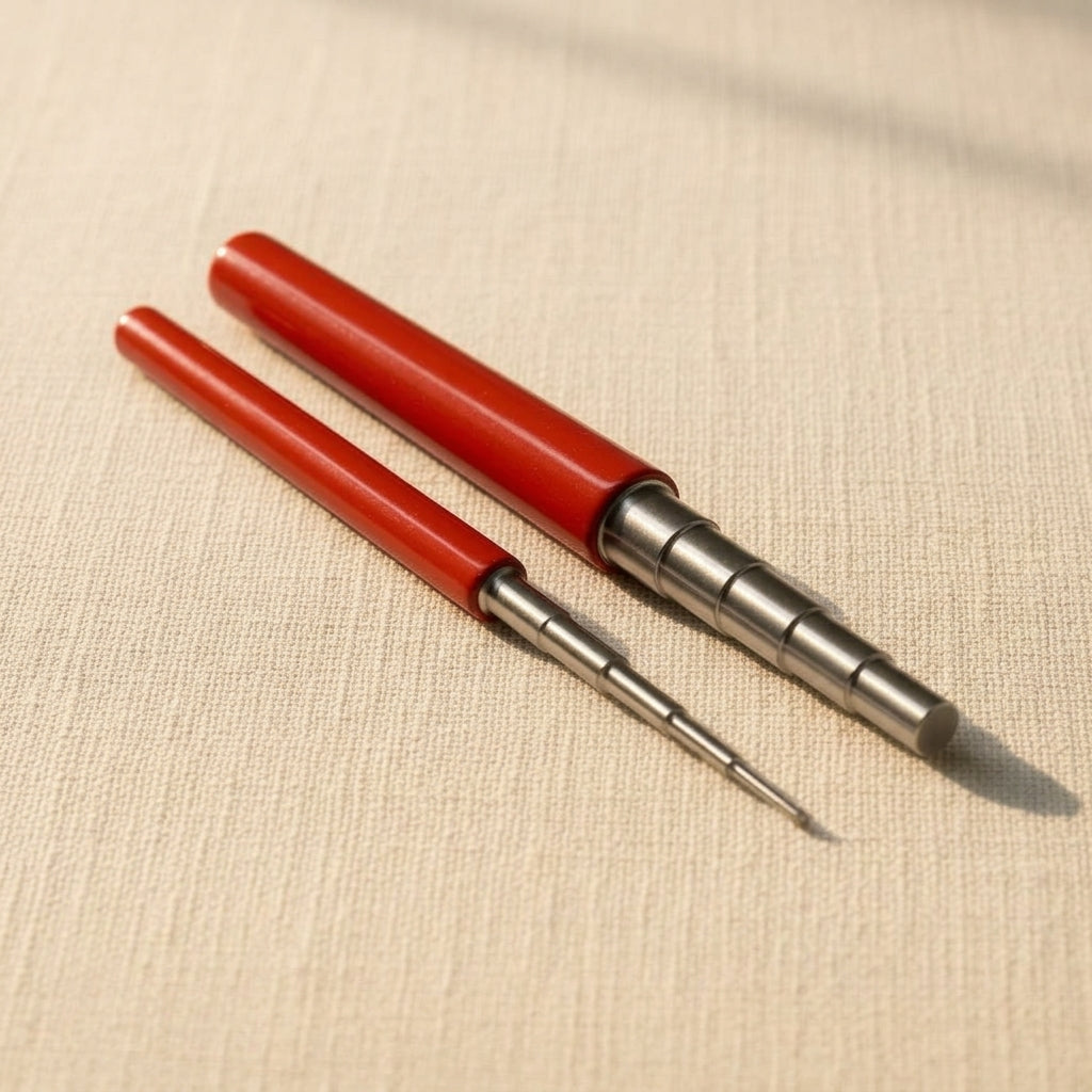 Two steel mandrels with red handles for making jump rings and jewellery wire wrapping.