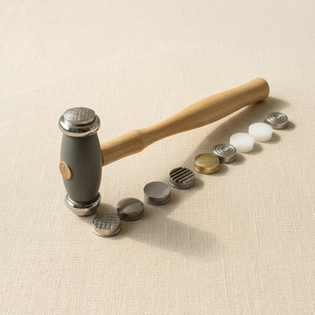 Wooden handled metal texturing hammer with 12 interchangeable pattern heads for jewellery making.