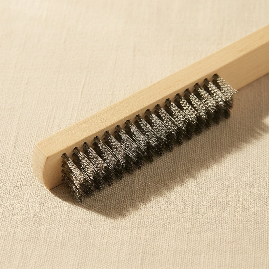 9-inch steel wire brush with wooden handle for metal cleaning and rust removal
