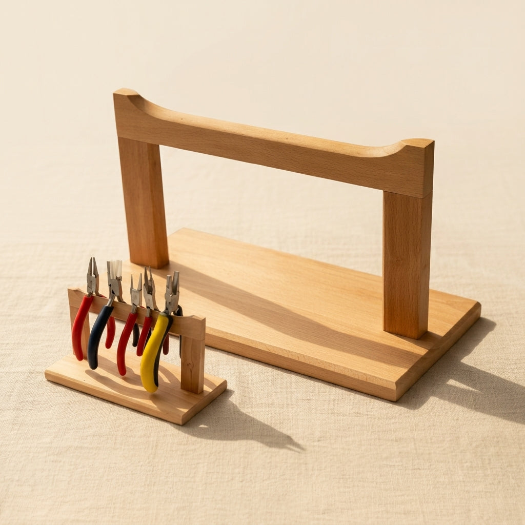 Hardwood organiser rack for jewellery pliers, polished surface bench tool holder