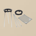 Soldering tripod with mesh screen, 9 inch tall, with the ring, legs and mesh laid out