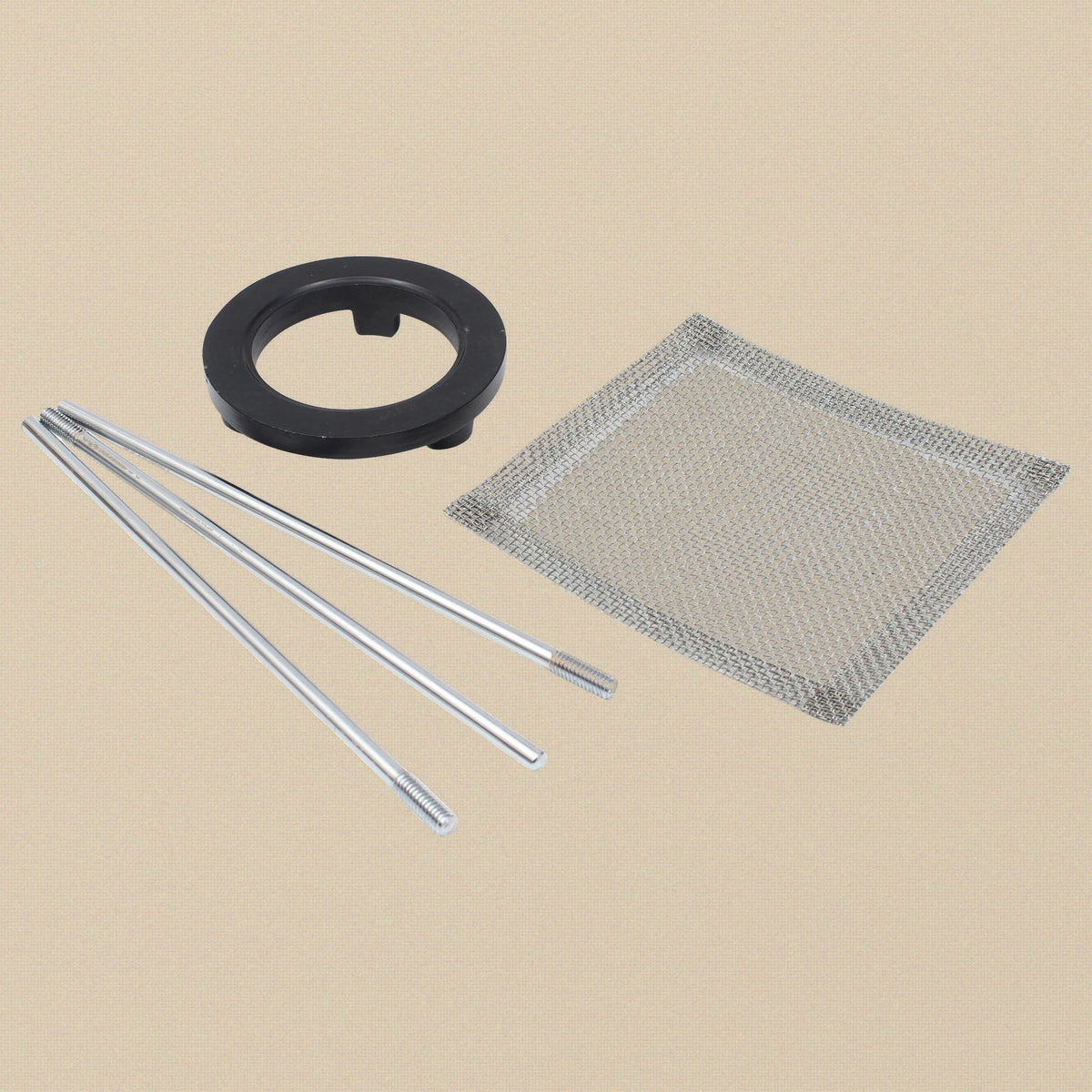 The tripod ring, three legs and 6 inch wire mesh screen as supplied