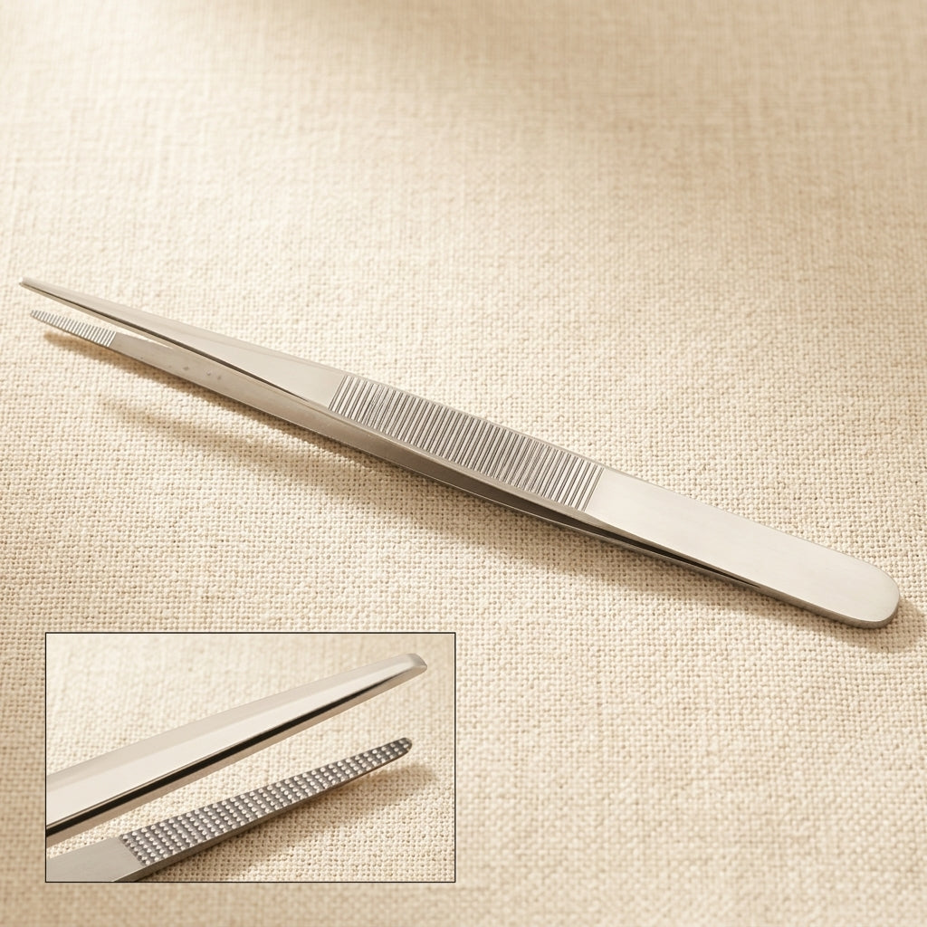Large 16.5cm stainless steel tweezers with serrated jaws for picking up jewellery and gemstones.
