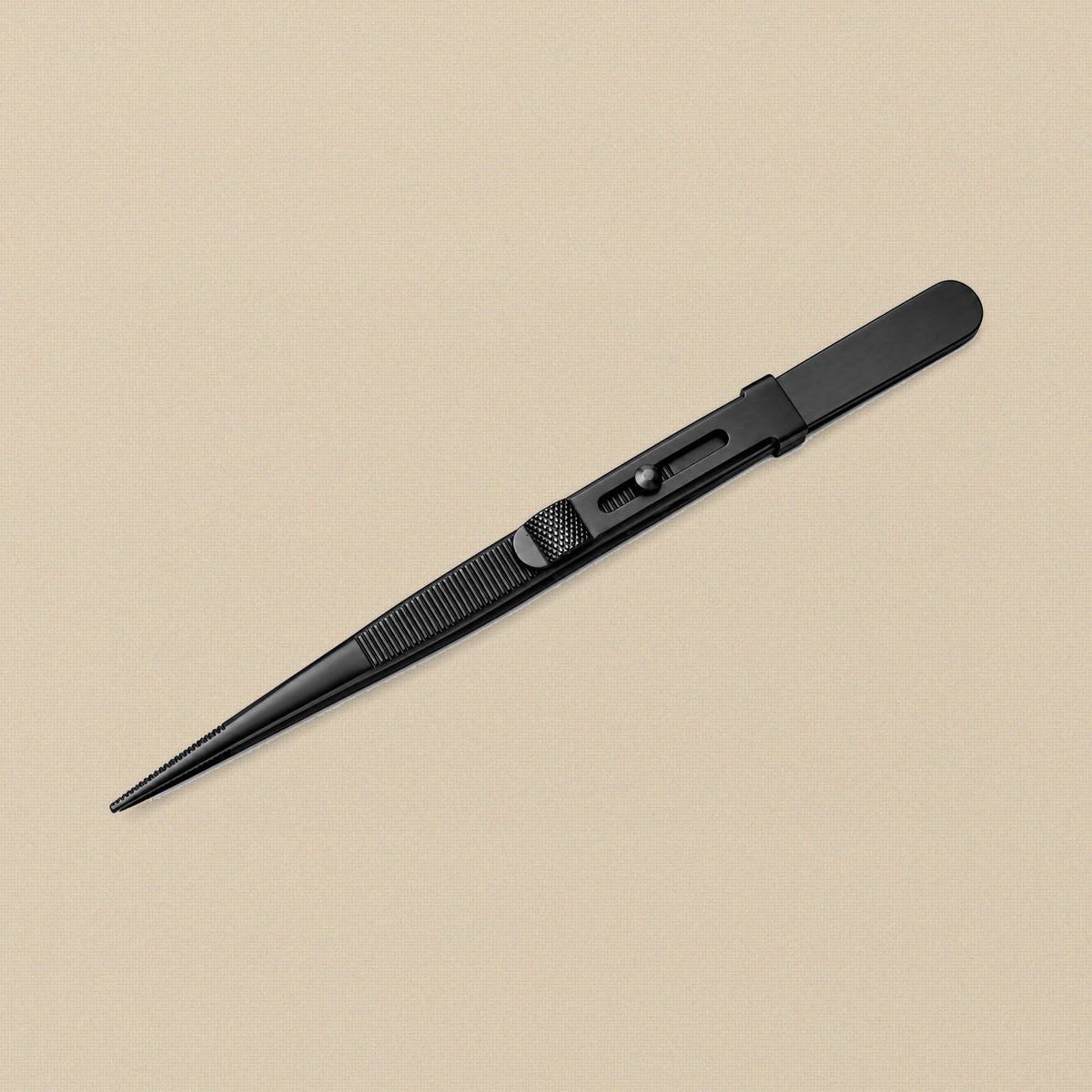 Black anodised thumb locking tweezers with large tips, 16.5 cm