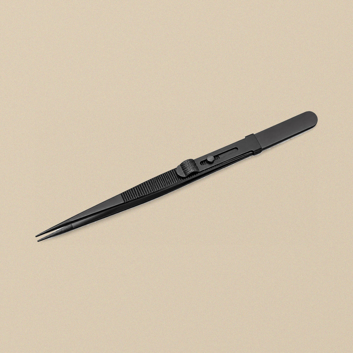 Black anodised thumb locking tweezers with medium tips, 16.5 cm