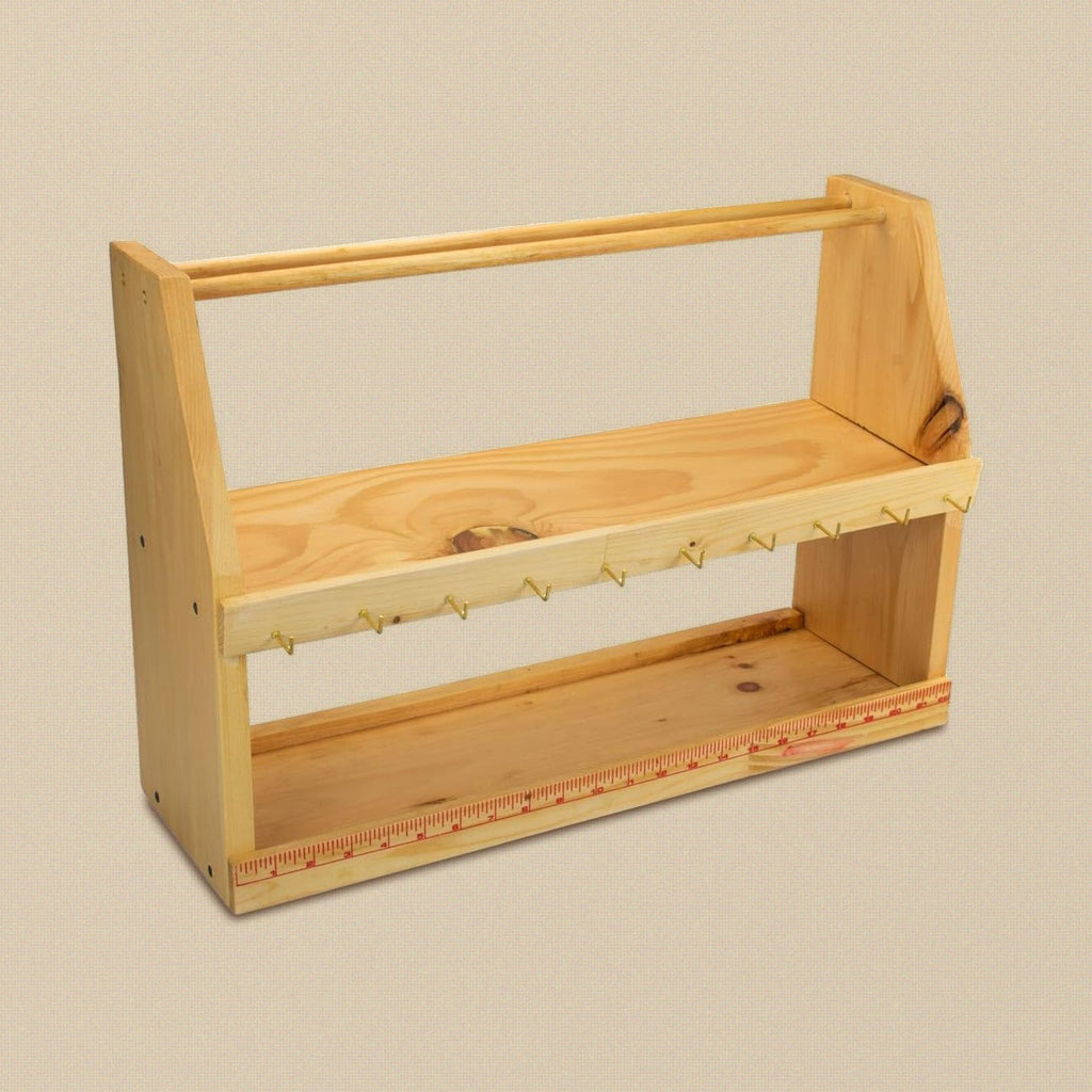 Wooden jewellers workbench organiser with two shelves and a pin and hook rail