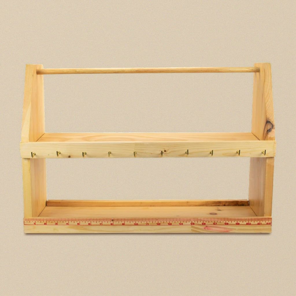 Wooden bench top tool rack, front view