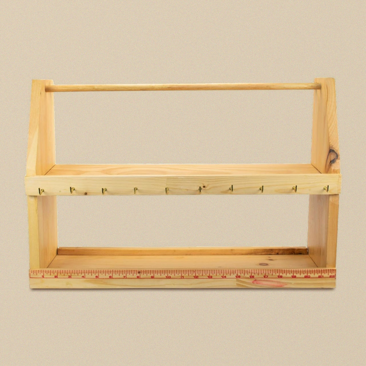 Wooden bench top tool rack, front view